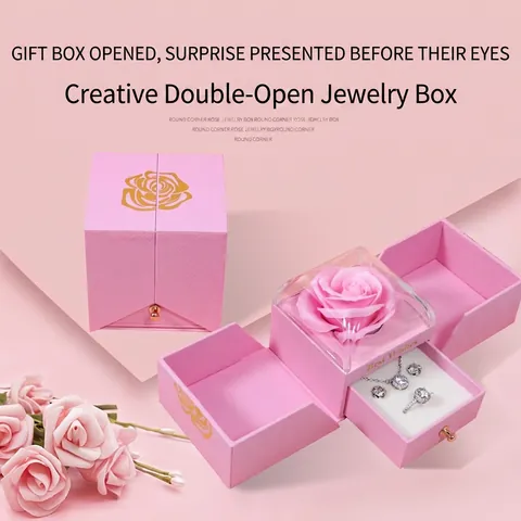 Luxe Romantische Dubbele Deur Sieradendoosje Met Eeuwige Roos Lade Ketting Ring Opslag Voor Huwelijksaanzoek Valentijn Cadeau