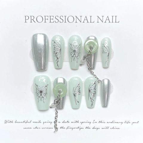 Ψεύτικα Νύχια Long Ballet Press On Nails Καθρέφτης Μεταλλικό Ασημί Πεταλούδα Μέντα Διακοσμητική Αλυσίδα Κινέζικο Στυλ