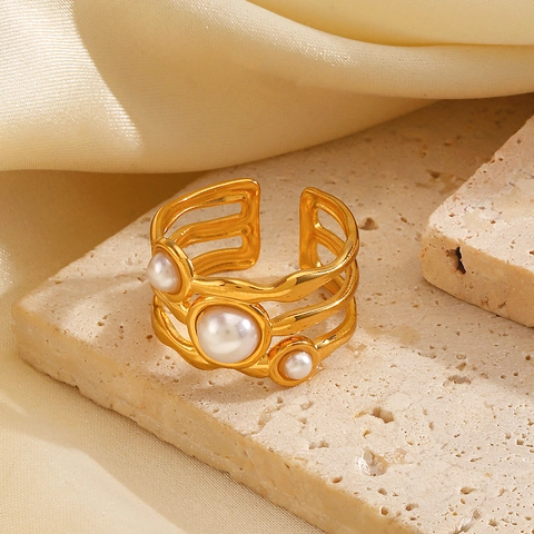 Anello in Acciaio Inossidabile Oro con Onda Irregolare Vintage Con Perla Artificiale Intarsiata Anello Aperto Regolabile per Donna Gioielli Hip Hop