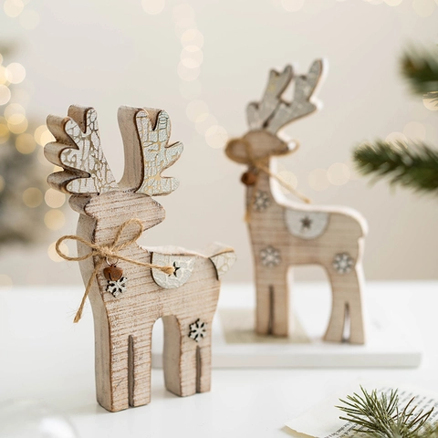 Nordic Style Wooden Reindeer Christmas Ornament Tabletop Reindeer Decoration With Snowflake Bell For Home Holiday Party