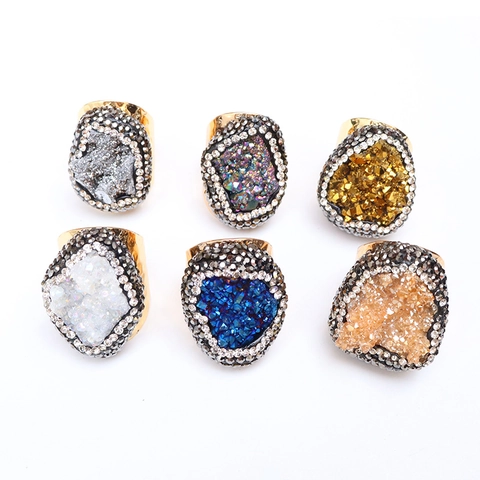 Anillo Ajustable De Cristal Druzy Natural Piedra En Bruto Irregular Con Pavimento De Diamantes De Imitacion Joyeria Boho