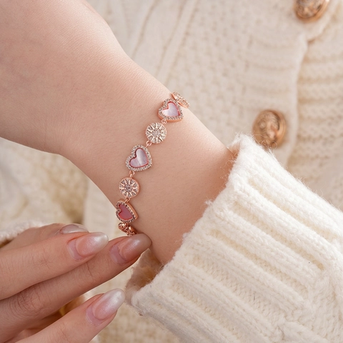 Pulsera Charm Corazón Sol Estrella Cobre Bañado Oro Rosa Madreperla Rosa Circonita Deslizante Ajustable Joyas Mujeres