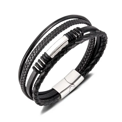 Mehrlagiges Geflochtenes Kunstlederarmband Für Herren Mit Edelstahl Magnetverschluss Mode Armreif