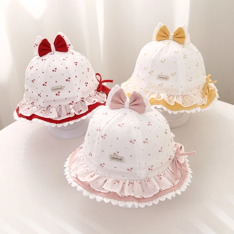 Baby Girl Sun Hat Fisherman Hat Cotton Blend Heart Print Lace Bow Ruffled Edge Summer Breathable Princess Cap