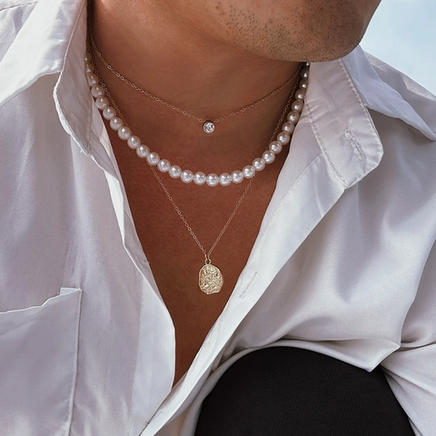 Multi Layered Necklaces For Men With Faux Artificial Pearls And Copper Alloy Chain Embossed Coin Pendant Rhinestone Accessory