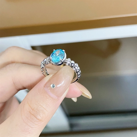 925 Sterling Silver Paraiba Blue Zirconia Ring Elegant Oval Geometric Electroplated Finger Ring Luxury Jewelry For Women