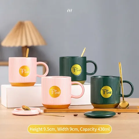 Nordic Marble Texture Ceramic Mug With Gold Spoon Lid Geometric Office Coffee Cup Luxury Afternoon Tea Gift Box