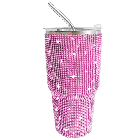 Bling Rhinestone Stainless Steel Vacuum Insulated Tumbler With Straw Car Coffee Travel Mug Leopard Print Thermos Flask Cup