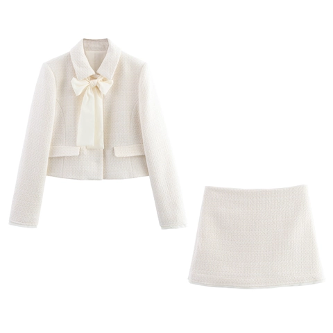 Tweed Long Sleeve Short Jacket With Large Bow And Matching A-Line Skirt Elegant Sweet Vintage Milky White Outfit For Women