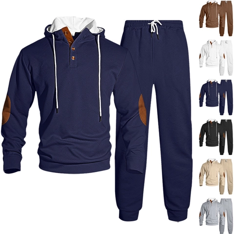 Men Hoodie And Pants Polyester Waffle Jacquard Textured Long Sleeve Urban Casual Sports Activewear With Elbow Patches