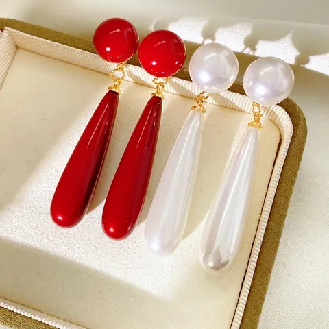 Pendientes Colgantes De Gota Con Resina Perla Artificial De Imitación Y Poste De Plata Largos Vintage Elegantes Para Mujeres