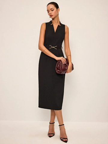 Elegant Sleeveless V Neck Satin Midi Dress With Metal Buckle Belt Slim Fit Office Lady Formal Evening Party Wear