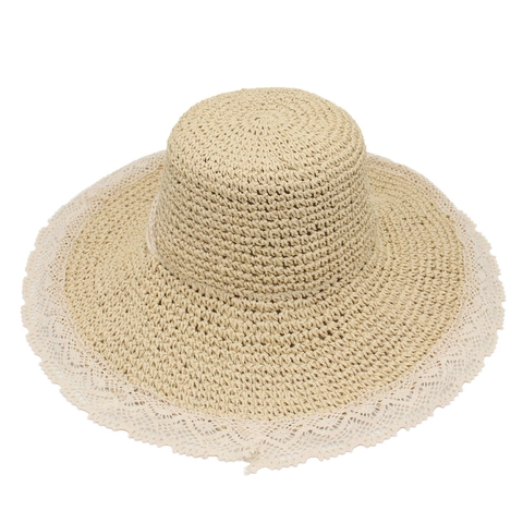 Women Wide Brim Straw Sun Hat With Lace Trim Foldable Windproof Lanyard Elegant Summer Beach Holiday Accessory
