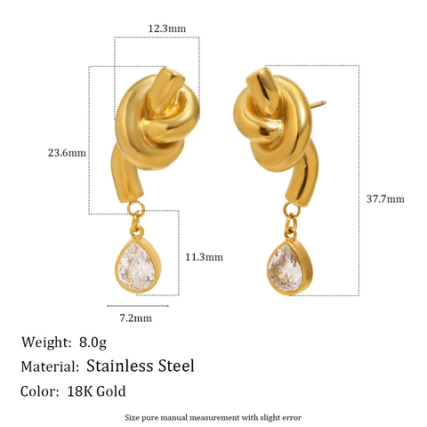Collier Et Boucles D'Oreilles Nœud Goutte Bijoux Acier Inoxydable Plaqué Or 18K Zircon Poire Pendentif Vintage Pour Femmes