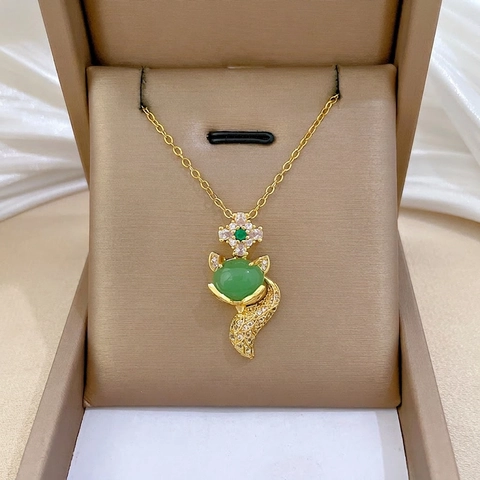 Elegante Collana Con Pendente Volpe Placcata Oro Acciaio Inossidabile Pietra Verde Rame Zircone Gioielli Raffinati Donna