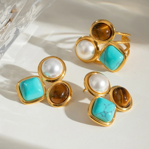 Vintage Adjustable Open Ring And Stud Earrings Stainless Steel With Faux Artificial Pearl Turquoise And Tiger Eye Gold Plated For Women
