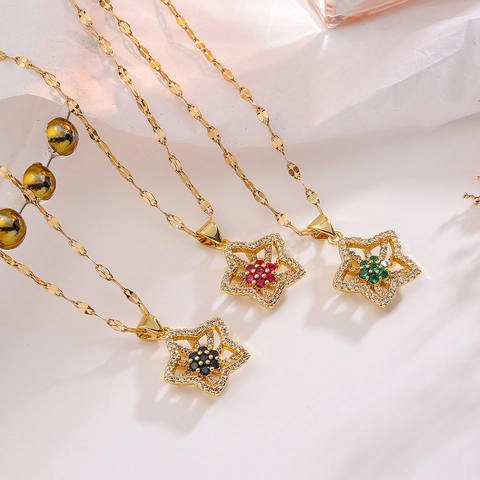 Collana Con Ciondolo A Stella Pentagramma Rame Placcato Oro Con Intarsio Di Fiori In Zirconia Cubica Colorata Gioielli Minimalisti