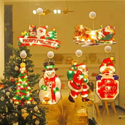 Christmas LED Suction Cup Window Lights Santa Snowman Reindeer Pattern Battery Operated Warm White Holiday Hanging Decorations