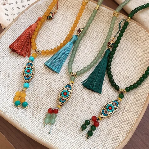 Ethnic Retro Glass Beaded Long Necklace Waist Chain Alloy Enamel Pendant Tassel Traditional Jewelry Women