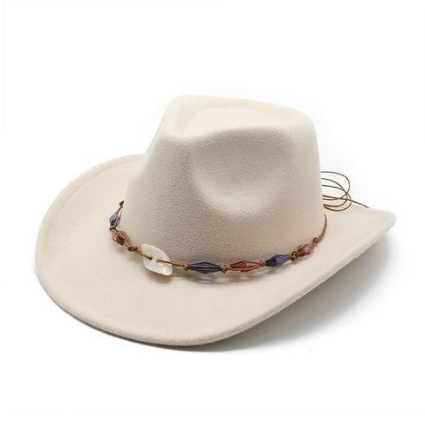 Western Cowboy Fedora Hat Wool Felt Wide Brim With Beaded Shell Decor Vintage Bohemian Style For Men Women Outdoor