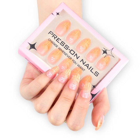 Press On Nails Orange Gradient Almond Shape 3D Shell Artificial Pearl Decor French Style Artificial Fake Nails For Women