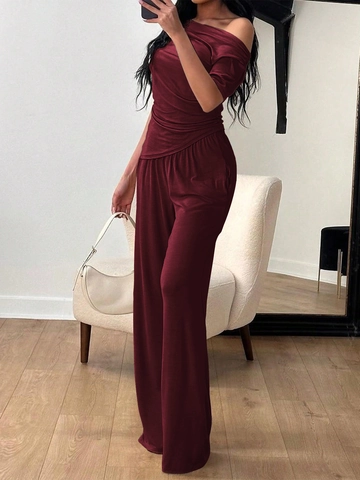 Women Elegant One Shoulder Short Sleeve Top And Wide Leg Pants Set Polyester Spandex Solid Color Summer Casual Outfit