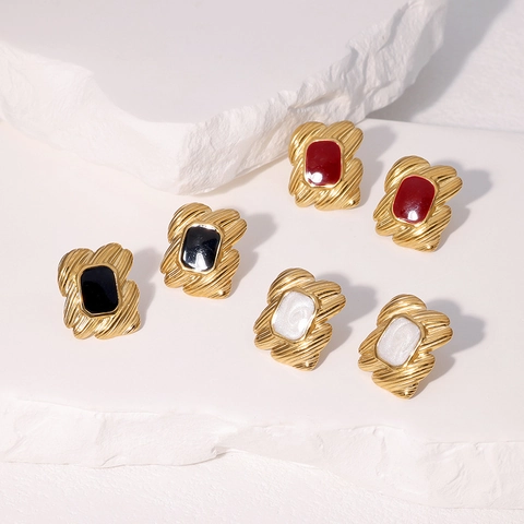 Vintage Stud Earrings 18K Gold Plated Stainless Steel Irregular Wavy Texture Geometric Rectangle Enamel Jewelry For Women