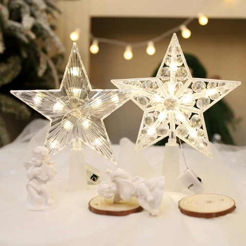 Christmas Tree Topper Star Lighted LED Glowing Plastic Acrylic Transparent Battery Operated Holiday Decoration Home Ornament