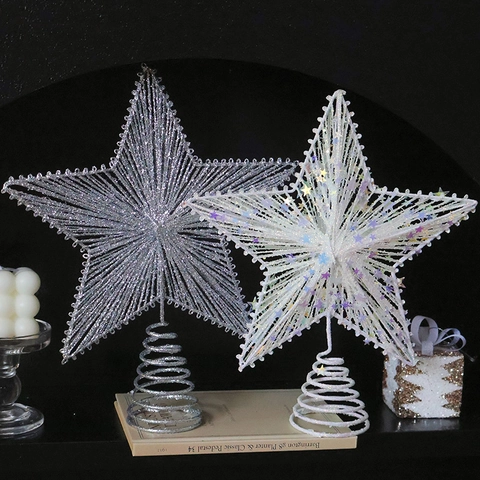 Puntale Per Albero Di Natale A Stella Glitterata In Filo Di Ferro Design Cavo Con Luce LED Decorazione