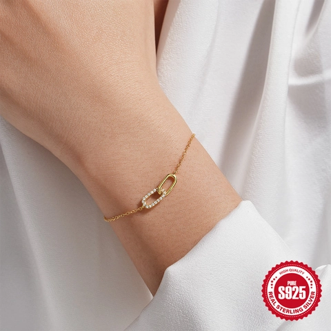 925 Sterling Silver Interlocking Double Loop Bracelet Pave Zirconia Adjustable Chain Jewelry For Women Elegant Minimalist