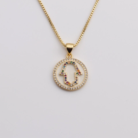Hamsa Hand Anhänger Halskette Gold Vergoldetes Kupfer Bunte Zirkonia Fatima Hand Box Kette Schmuck