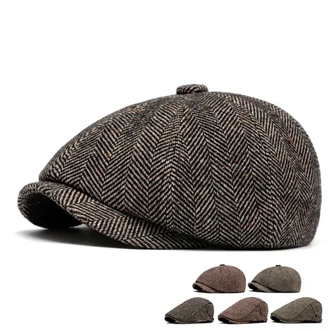 Berretto Newsboy Vintage Stile Britannico Misto Lana Tweed Spina Di Pesce Coppia Regolabile Caldo Inverno