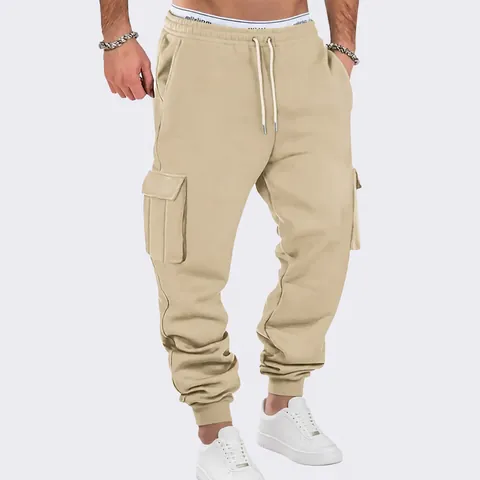 Herren Cargo Sweatpants Fleece Mehrere Taschen Kordelzug Jogger Lässige Streetwear Hose