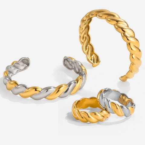 Bracciale Rigido Aperto Intrecciato Acciaio Inossidabile Placcato Oro 18K Bicolore Croissant Per Donna Impermeabile