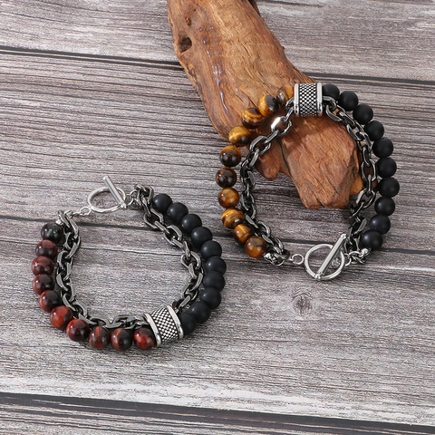 Men Double Layer Bracelet With Stainless Steel Chain And Natural Tiger Eye Stone Agate Beads Retro Punk Style Toggle Clasp