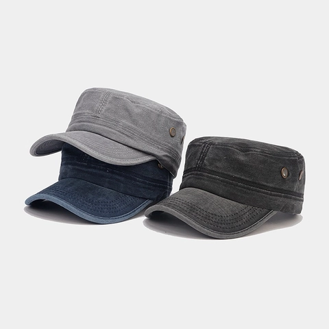 Vintage Washed Cotton Cadet Cap Military Flat Top Hat Retro Distressed Breathable Outdoor Sunshade For Men Women