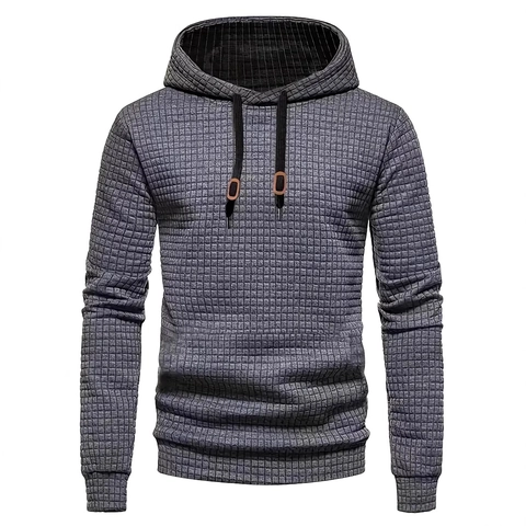Men Hoodie Waffle Knit Jacquard Grid Long Sleeve Hooded Sweatshirt Casual Urban Style Loose Fit Solid Color