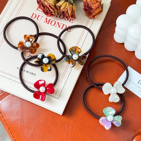 Gomas Para El Pelo Con Flores Acetato Perla Artificial Sintética Soporte De Cola De Caballo Elegante Accesorios Para Mujeres Chicas