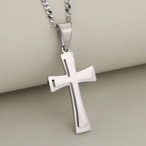 Stainless Steel Cross Necklace Double Layered 3D Pendant Minimalist Fashion Religious Jewelry For Men Women Non Fading