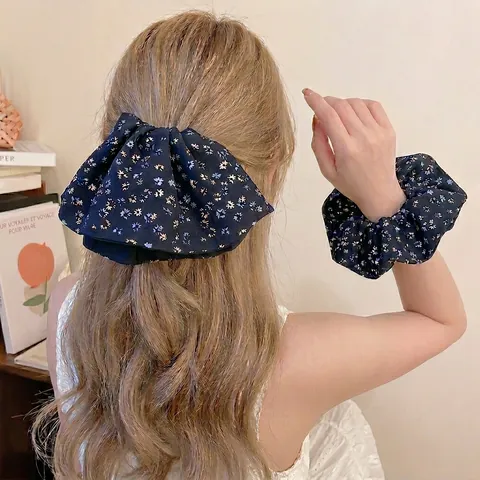 Übergroße Florale Haaraccessoires Stoff Scrunchie Und Schleifen Haarklammer Dunkelblau Französischer Süßer Stil Für Damen Mädchen