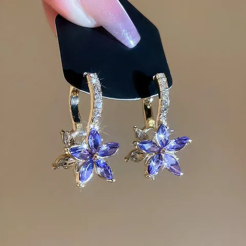 Orecchini Huggie A Fiore Lega Oro Strass Marquise Viola Con Perno In Argento Sterling 925 Stile Coreano