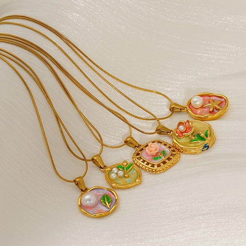 Collana Con Ciondolo Fiore Retro Acciaio Inossidabile Placcato Oro 18K Smalto Tulipano Rosa Perla Artificial Gioielli Vintage
