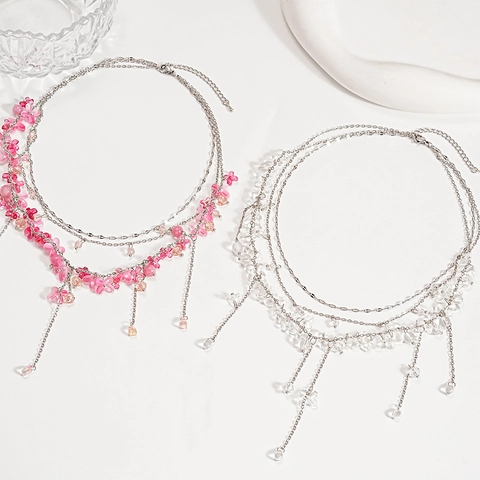 Collar Multicapa Con Cadena Aleación Pétalos Flores Resina Piedras Cristal Trasparentes Flecos Dulce Joyería Mujeres
