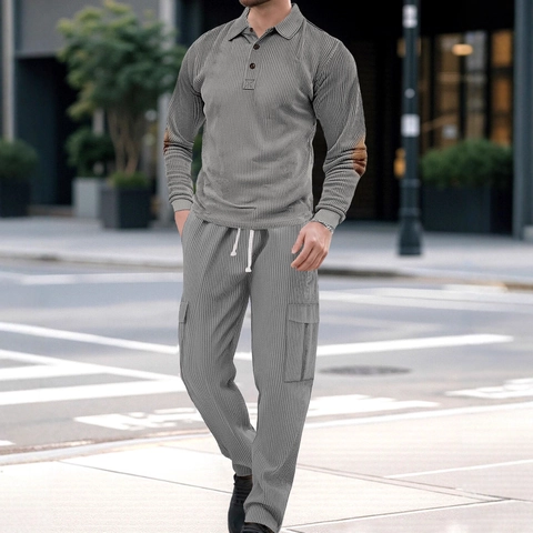 Costume Décontracté En Velours Côtelé Homme Chemise Polo Manches Longues Et Pantalon Cargo Avec Cordon De Serrage Urbain