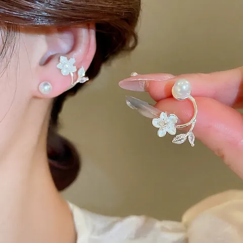 Orecchini A Lobo Fiore Foglia Per Donna Con Zircone Petali Di Conchiglia Perla Artificial E Perno In Argento Sterling 925
