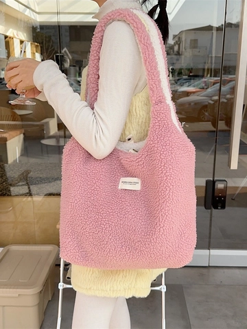 Borsa Tote In Peluche Finta Lana Di Agnello Grande Capacità Reversibile Borsa A Spalla Inverno Donna