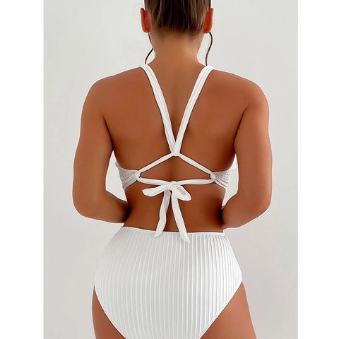 Costume Da Bagno Monokini Donna A Costine Scollo A V Schiena Scoperta Sexy Bianco