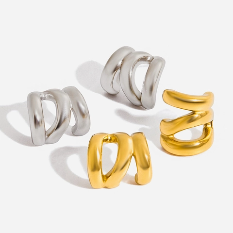 Stainless Steel Triple Layer Hollow Hoop Earrings 14K Gold Plated Waterproof Hypoallergenic Geometric C-Shape For Women