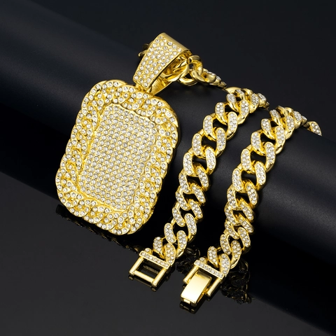 Hip Hop Full Rhinestone Dog Tag Anhänger Kubanische Kette Halskette Legierung Iced Out Glänzender Schmuck Für Herren Damen