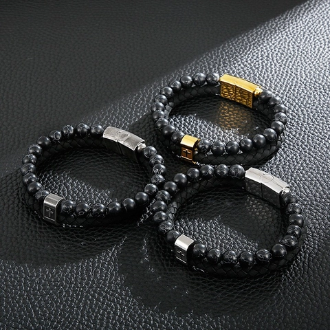 Pulsera De Doble Capa Para Hombre Cuero Trenzado Cuentas De Mármol Acero Inoxidable Cierre Magnético Cruz Vintage Punk Joyas
